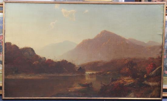 Circle of Charles Francois Daubigny (1817-1878) Extensive landscape with figures in a boat and a waterfall, 30 x 50in.